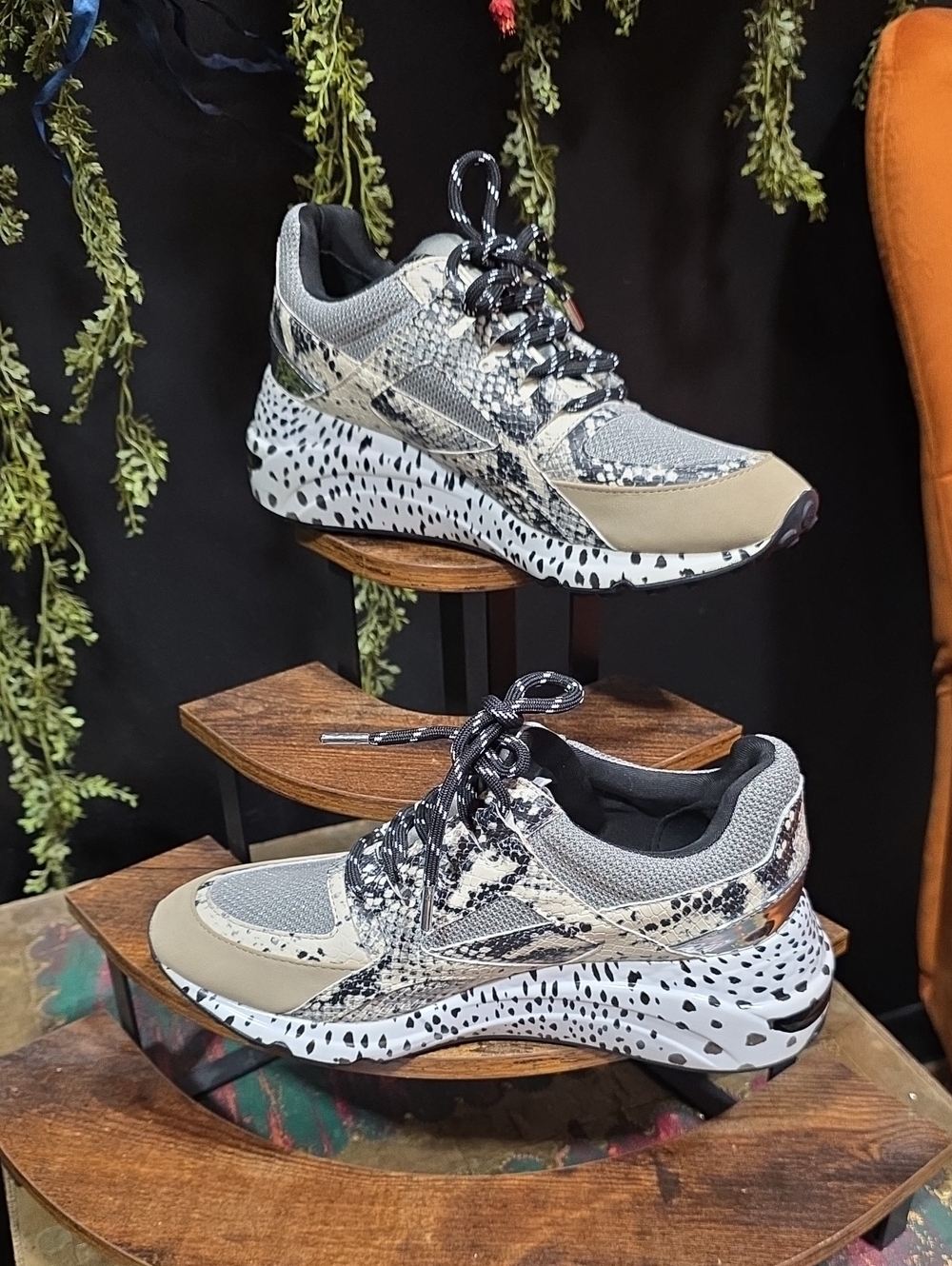 Steve Madden Beige, Black, Silver & Gray Snake Print Platform Sneakers